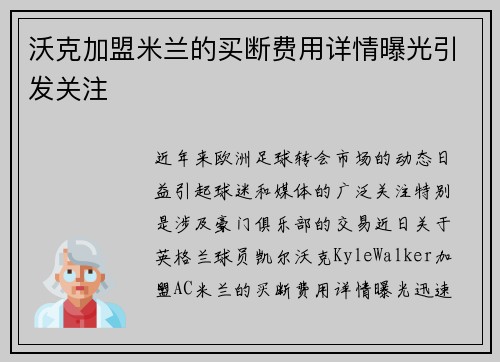 沃克加盟米兰的买断费用详情曝光引发关注
