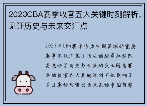 2023CBA赛季收官五大关键时刻解析，见证历史与未来交汇点